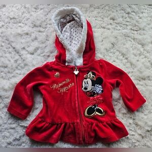 Disney Baby Minnie Mouse, Hooded Zip-up Sweatshirt, Embroidered, Frills, Size 6M